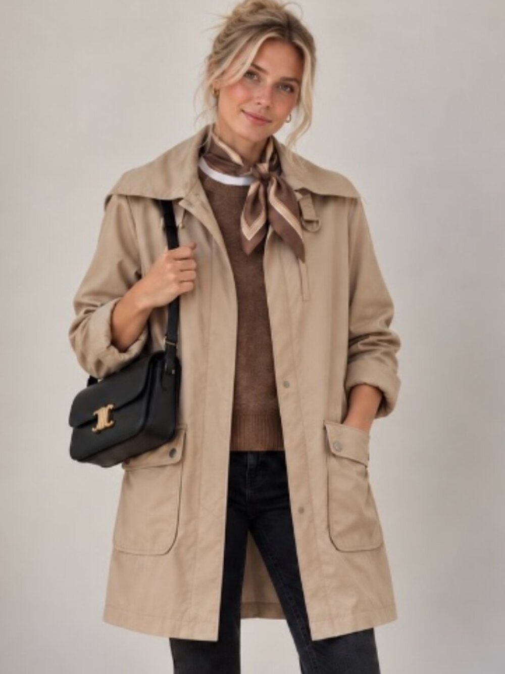 Fleet Street beige raincoat knee length size S pockets utility